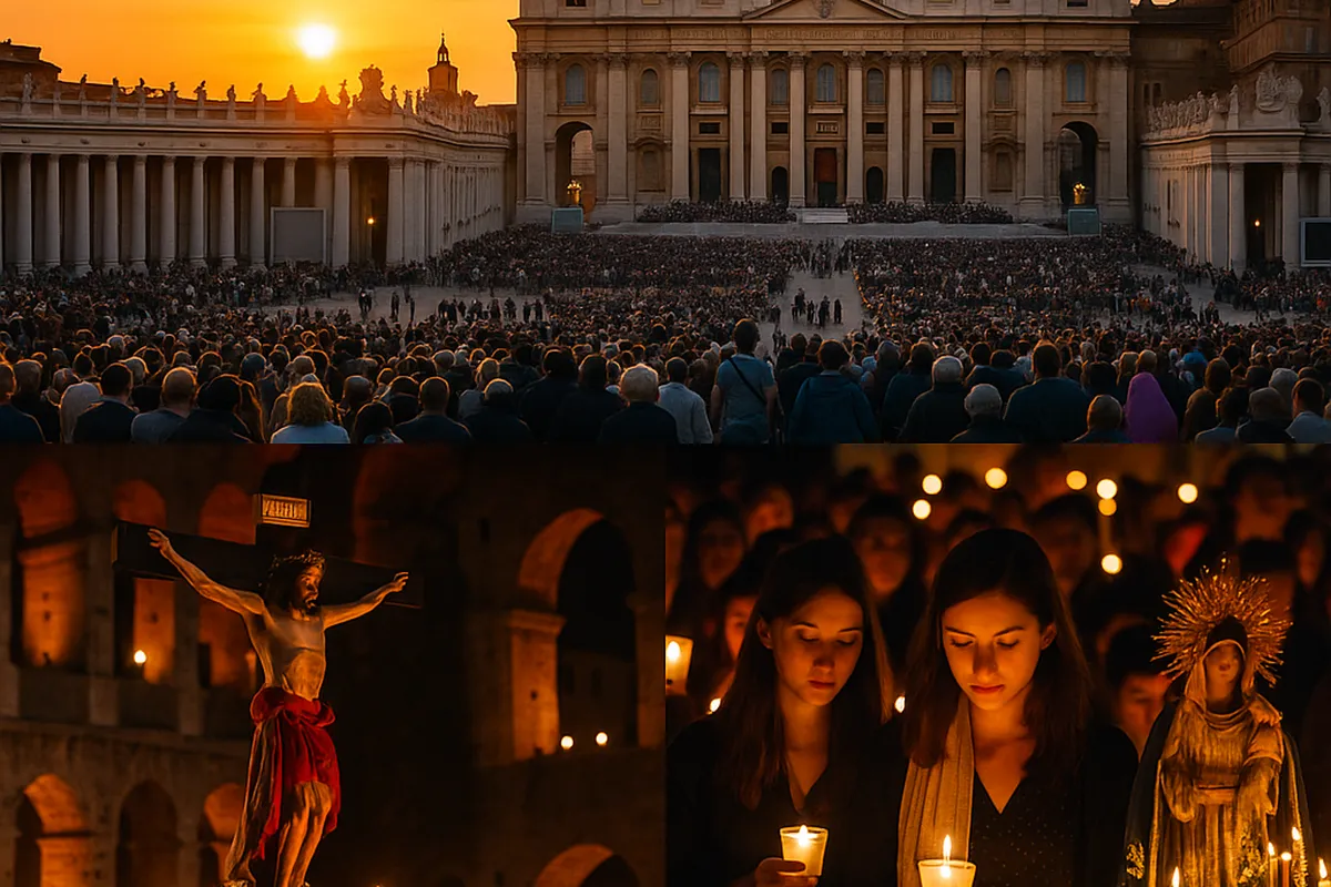 Collage ultra realista de Semana Santa en el Vaticano y Roma 2025 con procesiones, basílica de San Pedro y peregrinos